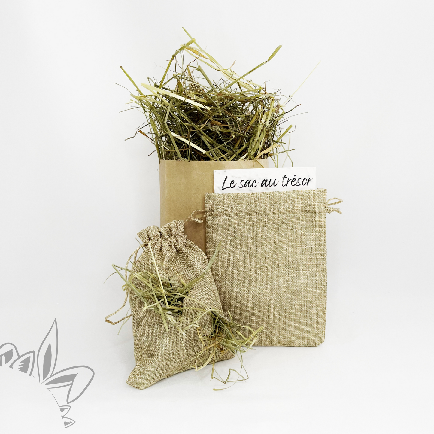 Sac au trésor : jeu au foin pour votre lapin à personnaliser avec ou sans friandises naturelles.