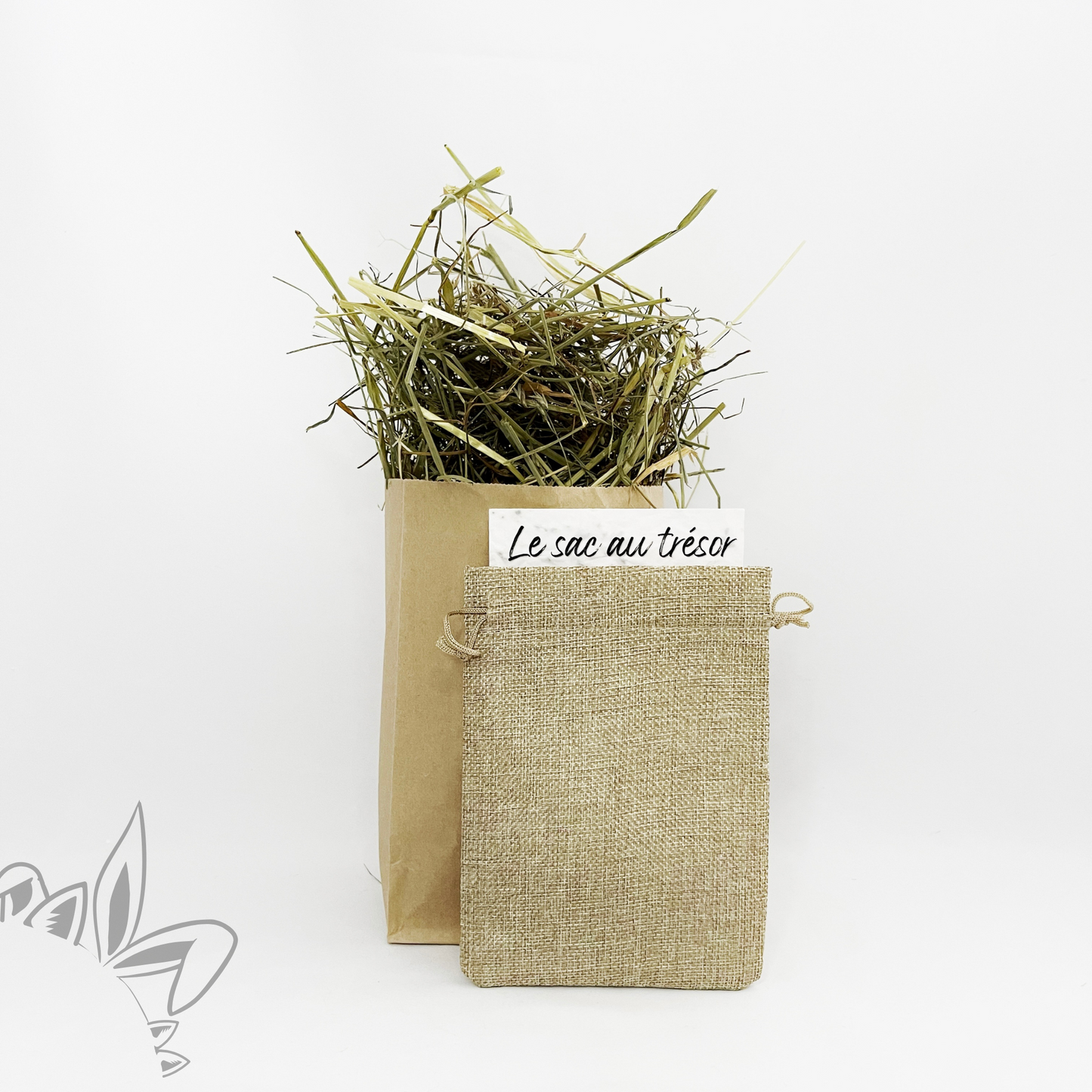 Sac au trésor : jeu pour lapin au foin à personnaliser avec ou sans friandises naturelles.