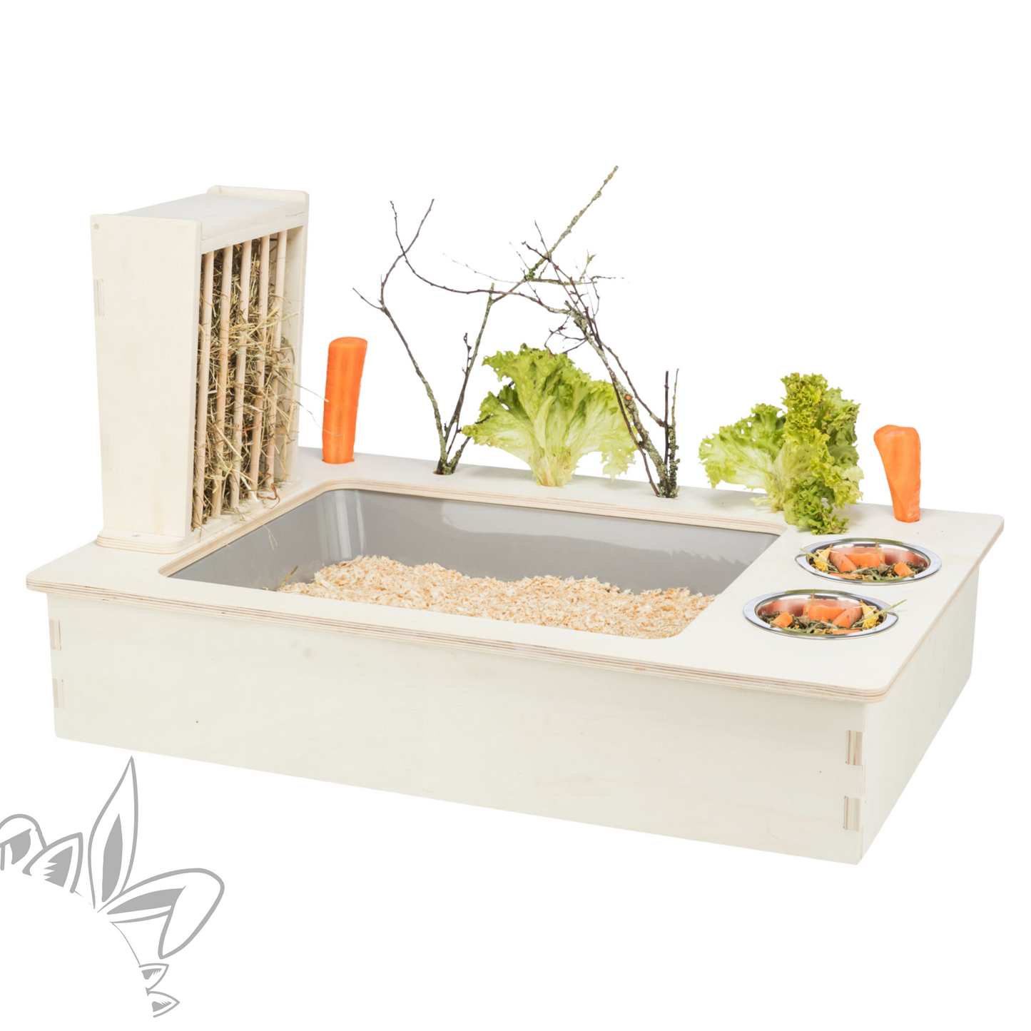 Ratelier litière en bois non traité pour lapin avec bac amovible en plastique, deux gamelles en acier inoxydable et des cavités pour y glisser legumes et branches.