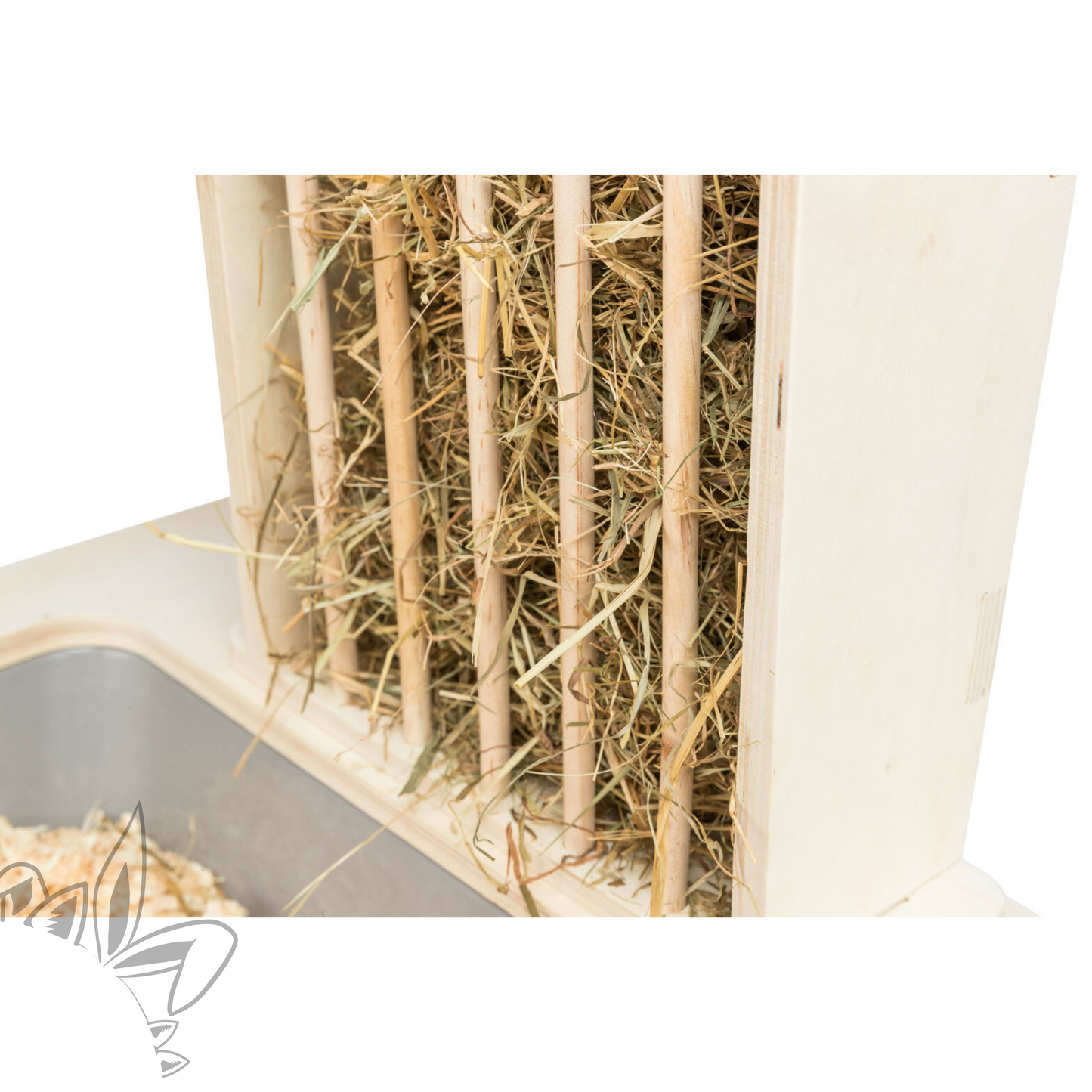 Ratelier litière en bois non traité pour lapin avec bac amovible en plastique, deux gamelles en acier inoxydable et des cavités pour y glisser legumes et branches.