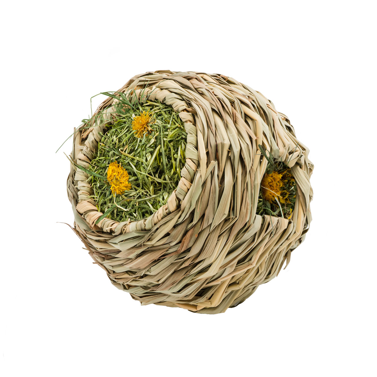 Jeu naturel pour lapin : balle de foin aux pissenlits et fleurs de souci
