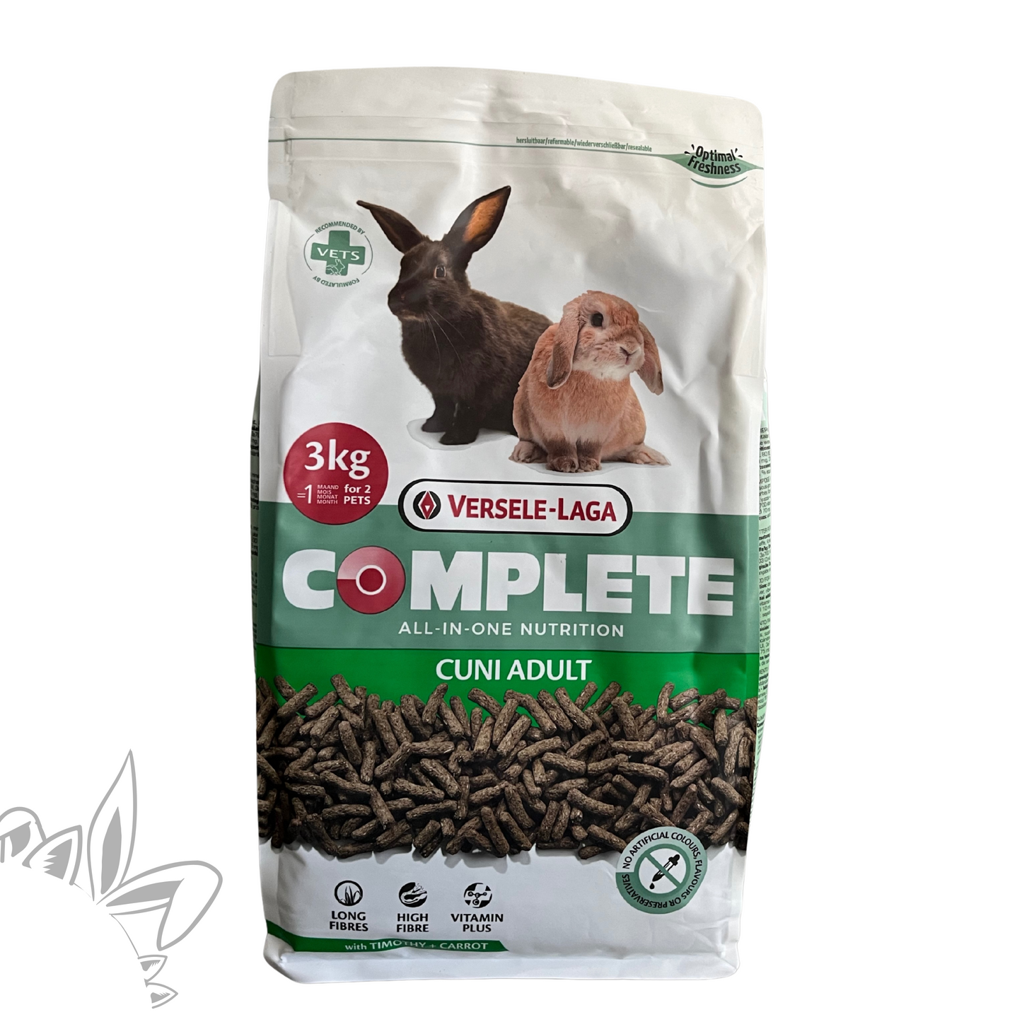 Granulés extrudés Versele-Laga pour lapin adulte
Aliment riche en fibres pour lapin nain
Complete Cuni Adult – Foin de timothy et carottes