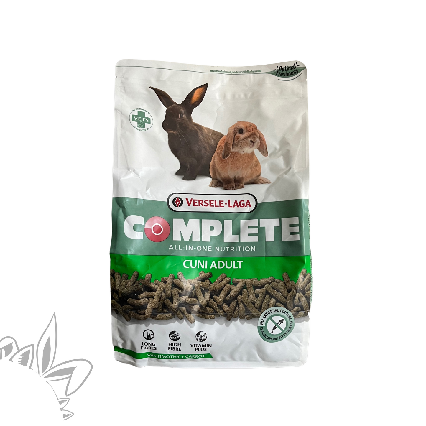 Granulés extrudés Versele-Laga pour lapin adulte
Aliment riche en fibres pour lapin nain
Complete Cuni Adult – Foin de timothy et carottes