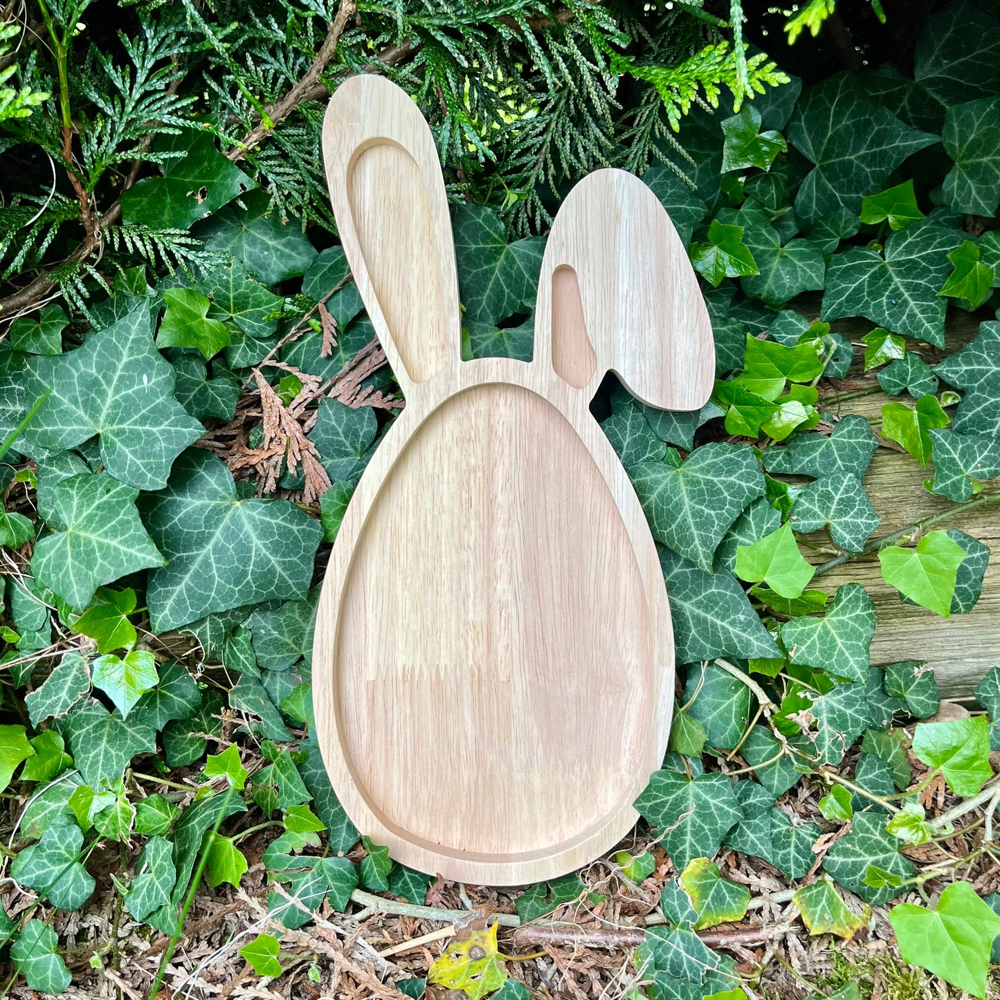 Plateau en bois, gamelle pour lapin en forme de lapin et d’oeuf