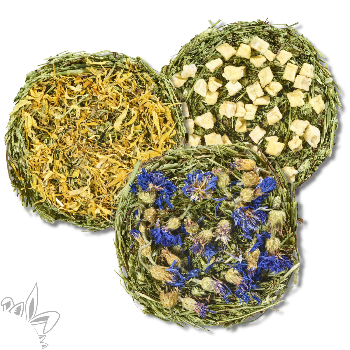 Jouet au foin de fleole (timothy hay) fleurs de souci, fleurs de bleuet et pomme pour lapin
