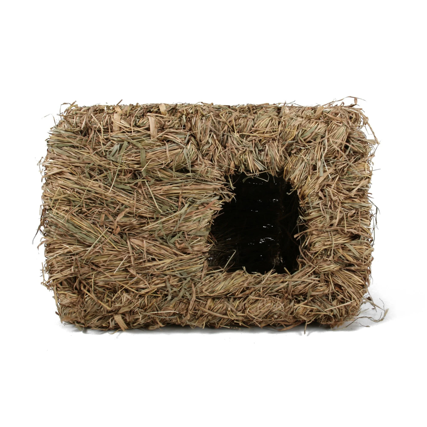 Maison en herbes séchées naturelles Zolia Végétal transformée en abri de fouille ludique avec du foin pour lapin