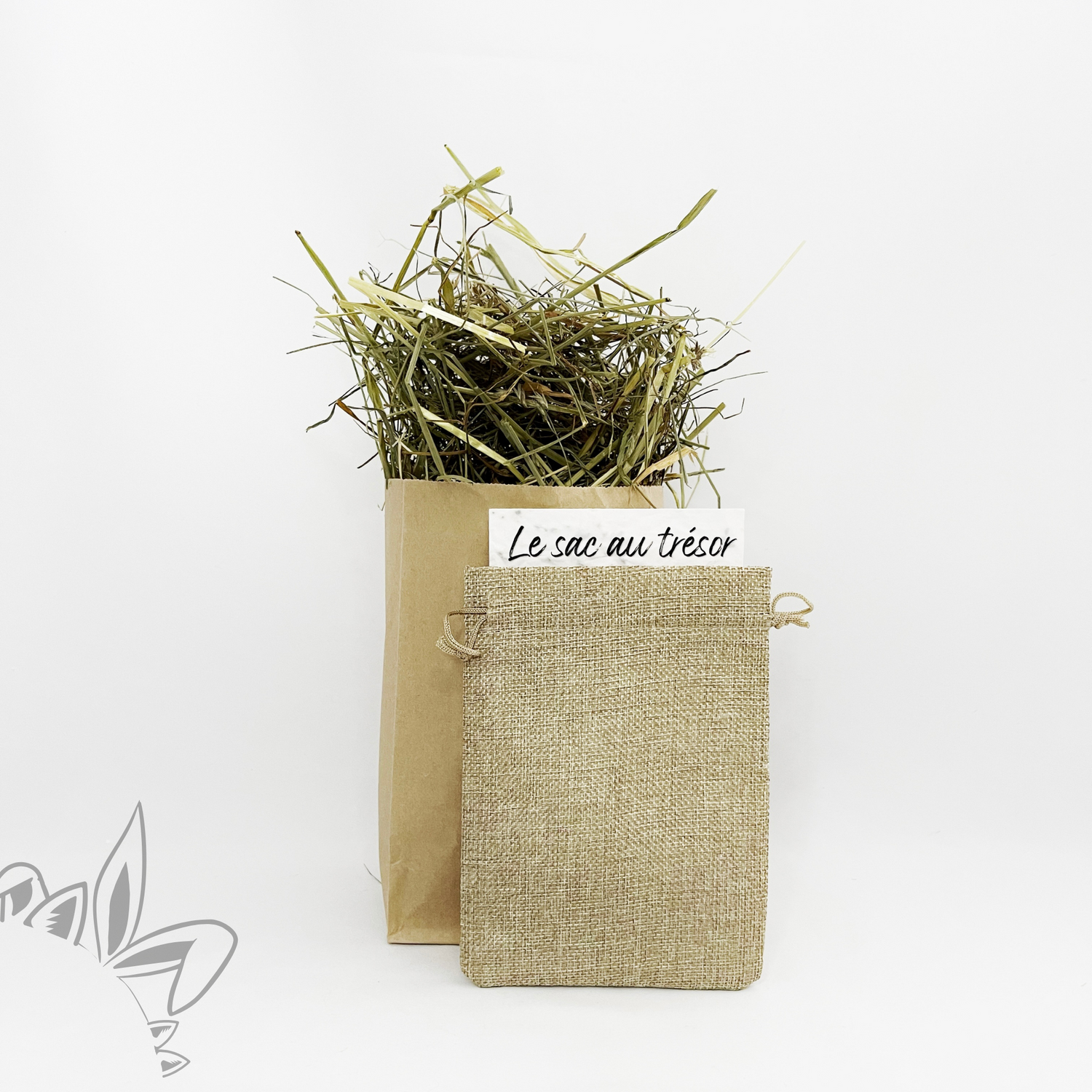 Sac au trésor : jeu pour lapin au foin à personnaliser avec ou sans friandises naturelles. 