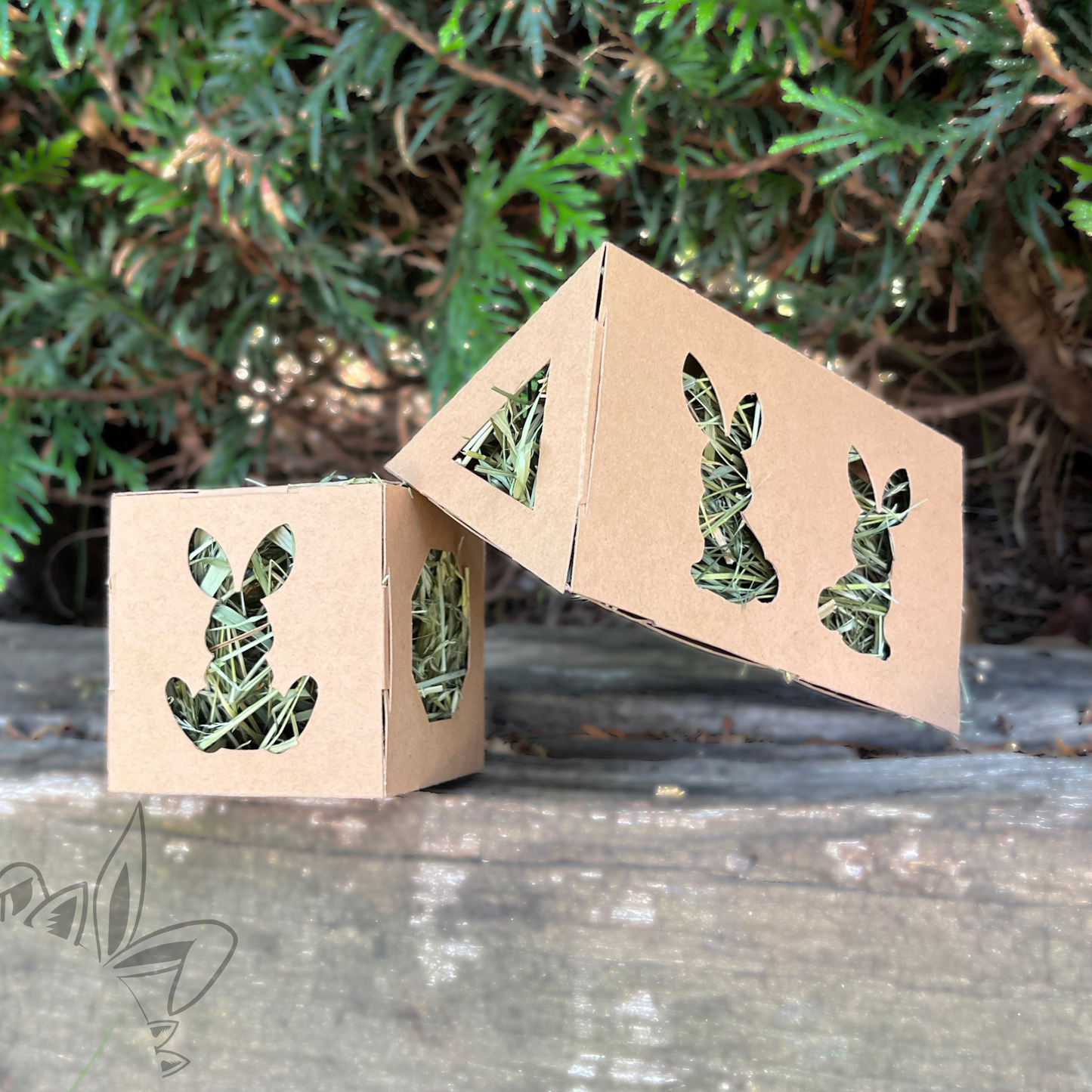 Cube et triangle en carton avec foin pour lapin – Jouet naturel à ronger