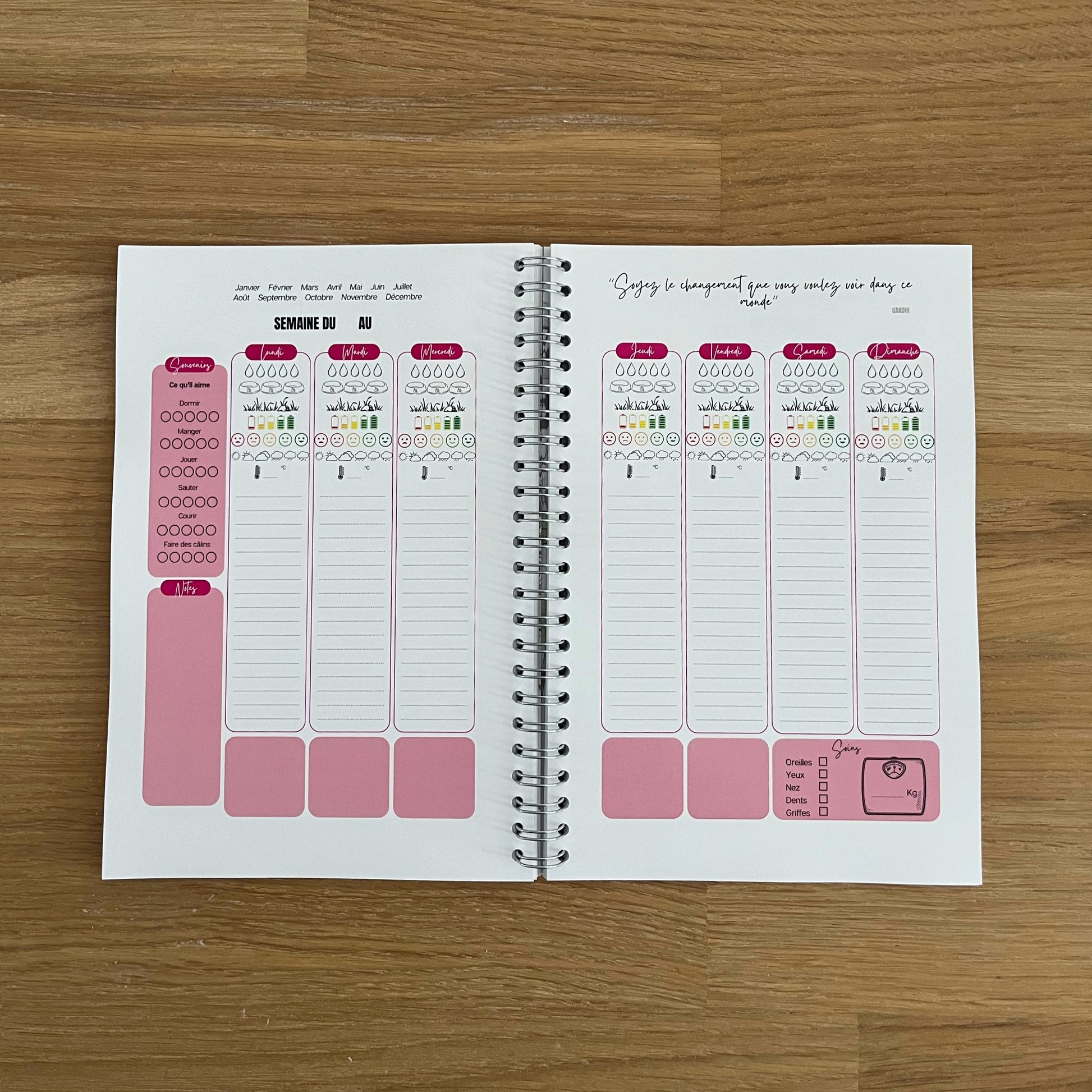 Carnet de suivi pour mon Chien

 Prenez soin de votre chien et gardez des informations précieuses sur sa santé au quotidien !

Le Carnet de suivi pour Chien est l'outil indispensable pour tous les gardiens soucieux du bien-être et de la santé de leur animal. Pratique et facile à utiliser, ce carnet permet de rencenser toutes les informations essentielles permettant de visualiser un changement de comportement, même le plus subtil, dû à une douleur, un mal-être ou une pathologie qui s’installe. Il est aussi i