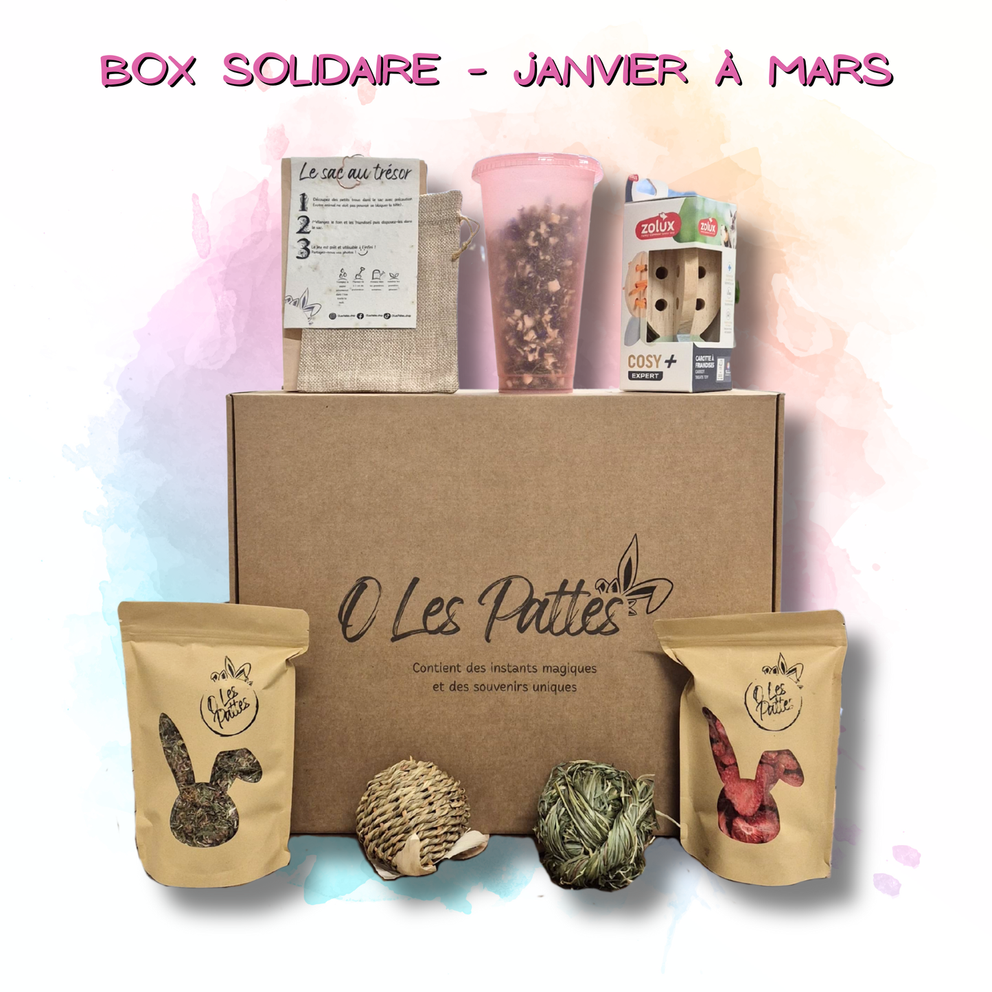 Box pour lapin composée de friandises naturelles et jeux. 3€ reversés à une association de protection animale