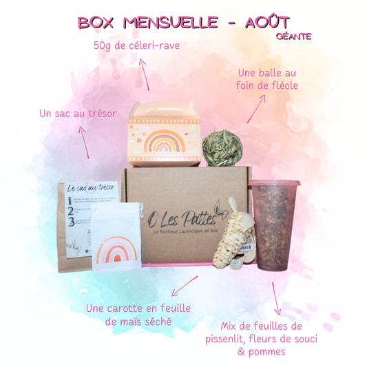 Box mensuelle pour lapin
Un concentré de surprises chaque mois : friandises saines, jouets à ronger, foin et accessoires naturels – 100 % plaisir et bien-être pour votre lapin