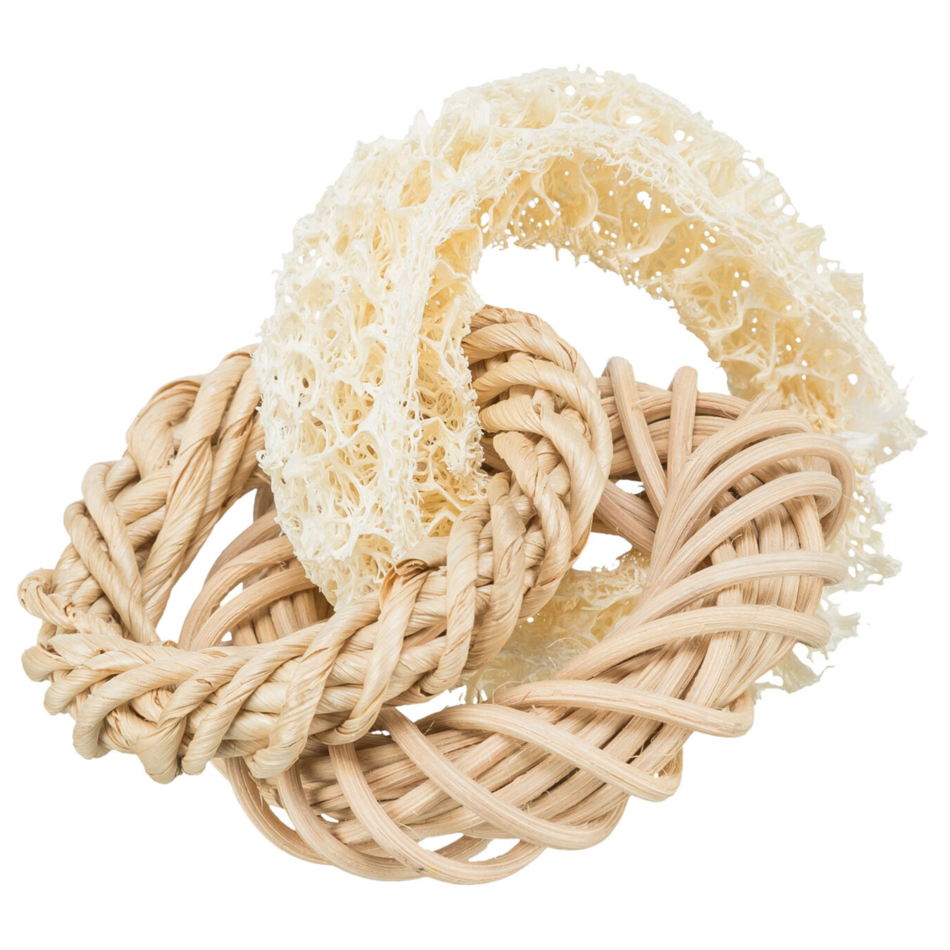 Jouet naturel lapin lufa rotin 13cm" ou "Accessoire grignotage naturel lapin cosse de maïs