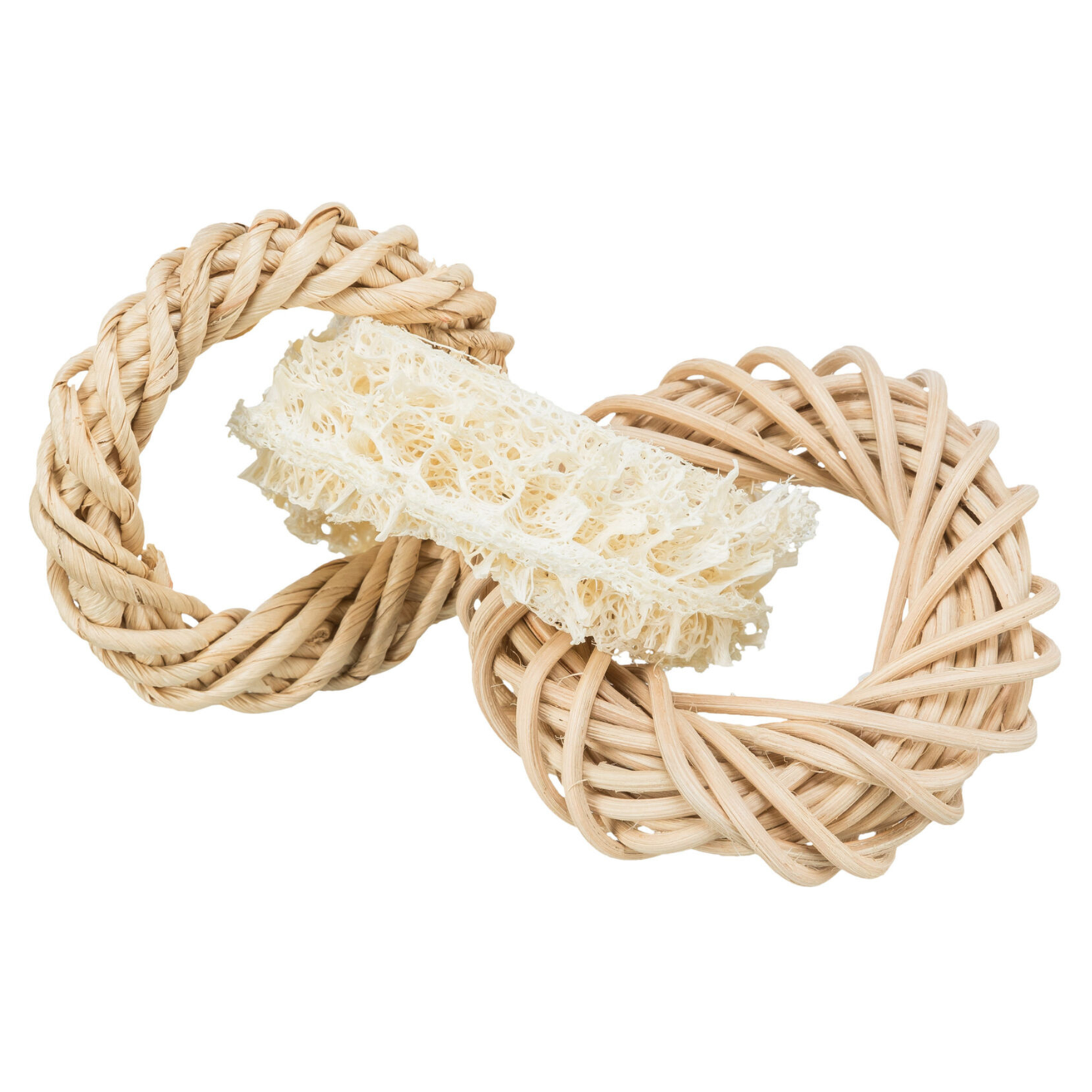 Jouet naturel lapin lufa rotin 13cm" ou "Accessoire grignotage naturel lapin cosse de maïs