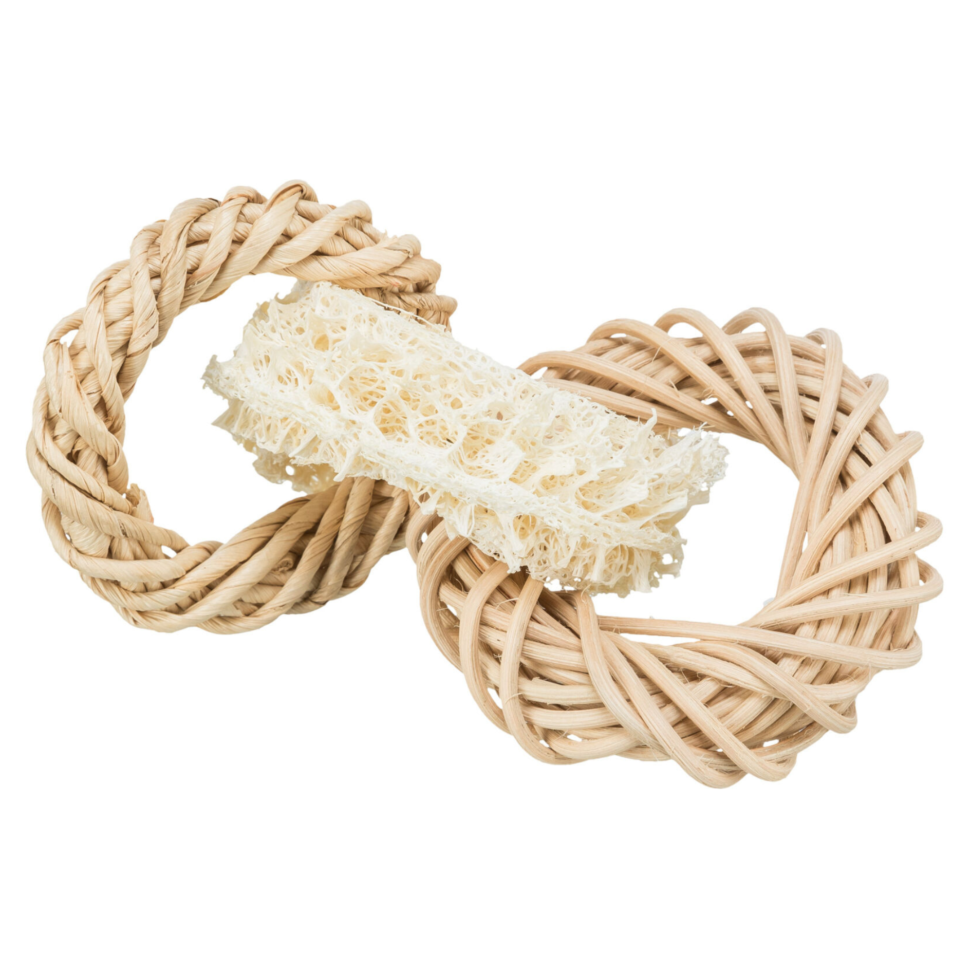 Jouet naturel lapin lufa rotin 13cm" ou "Accessoire grignotage naturel lapin cosse de maïs