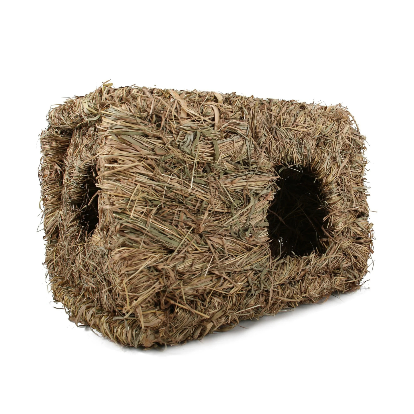 Maison en herbes séchées naturelles Zolia Végétal transformée en abri de fouille ludique avec du foin pour lapin