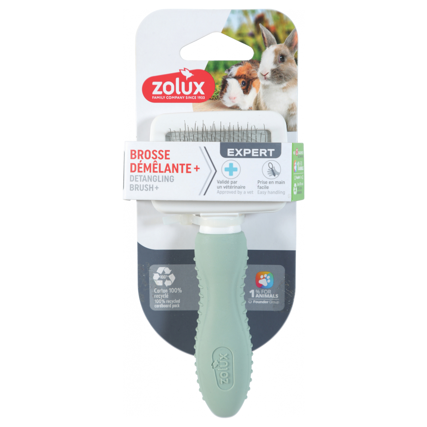 Brosse carde pour lapin et rongeur avec picots souples. Démêle le sous-poil, élimine les nœuds et réduit la perte de poils. Manche ergonomique antidérapant.